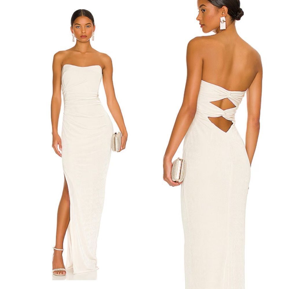 NWT Katie May Sway Gown Champagne maxi draped cut out Revolve M